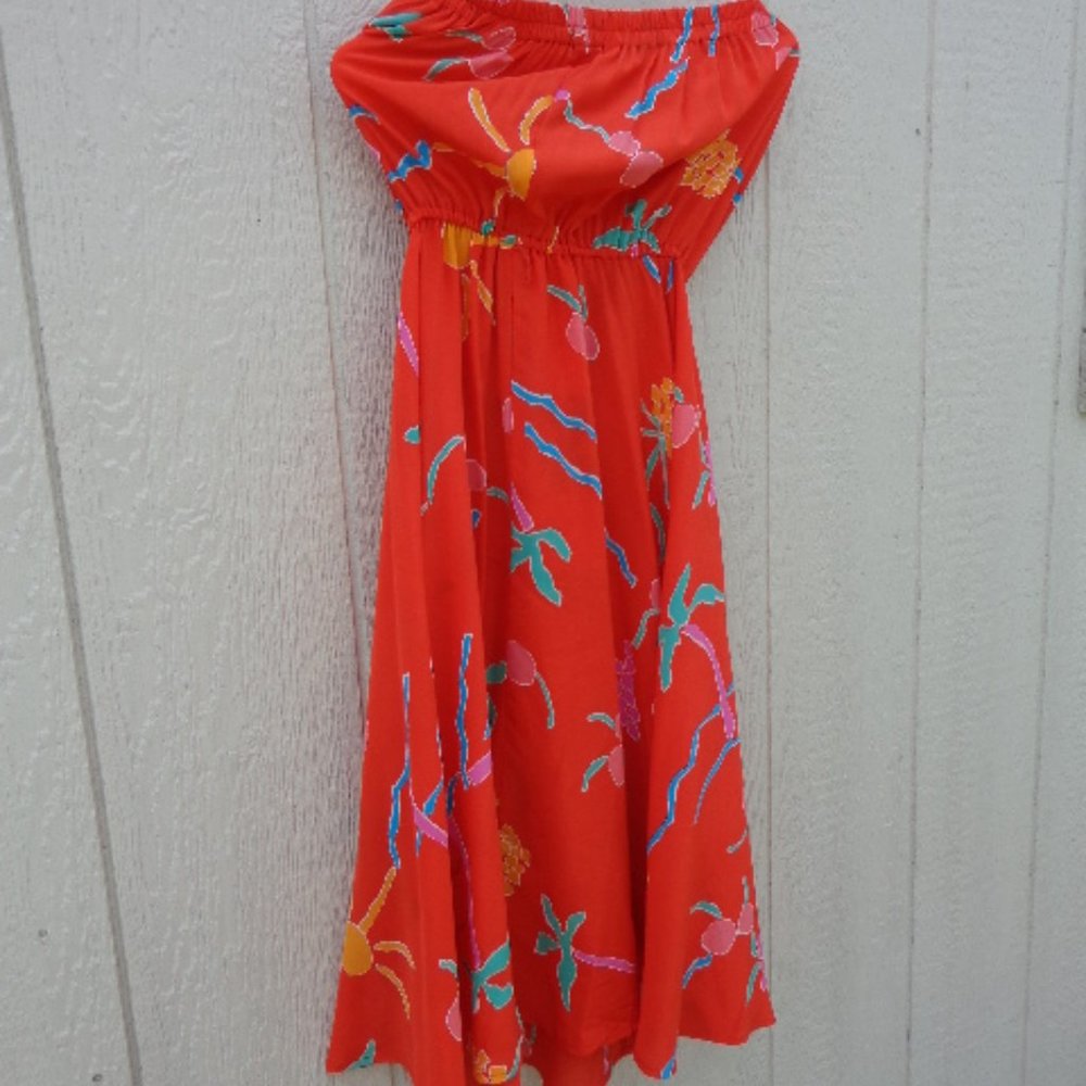 Vintage Carole Little Saint Tropez SILK Strapless Summer Orange Hawaiian Dress 4